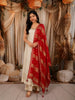 Ivory Cream Floral Zari Woven Design Silk Anarkali Salwar Suit with Contrast Ruby Red Dupatta