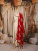 Ivory Cream Floral Zari Woven Design Silk Anarkali Salwar Suit with Contrast Ruby Red Dupatta