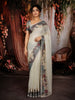 Ivory Cream Horizontal Striped Zari Woven Design Pure Tissue Organza Party Wear Saree with Traditional Border