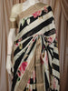 Ivory Cream Horizontal Striped and Floral Woven Design Semi Silk Festive Saree with Striped Border