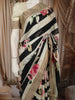 Ivory Cream Horizontal Striped and Floral Woven Design Semi Silk Festive Saree with Striped Border