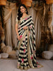 Ivory Cream Horizontal Striped and Floral Woven Design Semi Silk Festive Saree with Striped Border