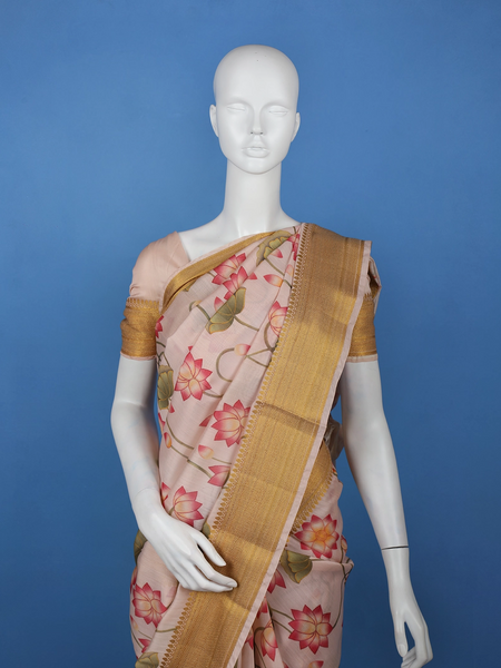 Ivory Floral Design Tussar Silk Saree - Diadem