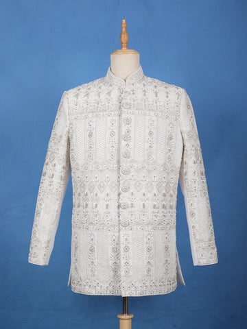 Ivory Floral Designed Cotton Sherwani Suit - Diadem