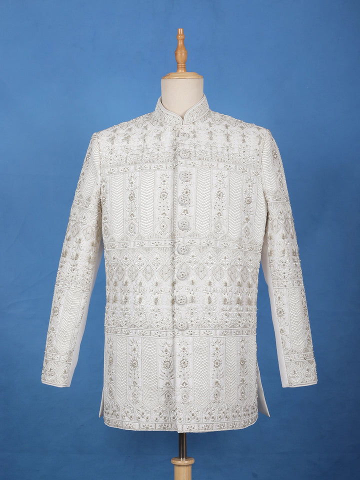 Ivory Floral Designed Cotton Sherwani Suit - Diadem