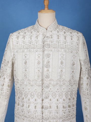 Ivory Floral Designed Cotton Sherwani Suit - Diadem