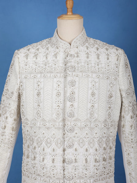 Ivory Floral Designed Cotton Sherwani Suit - Diadem