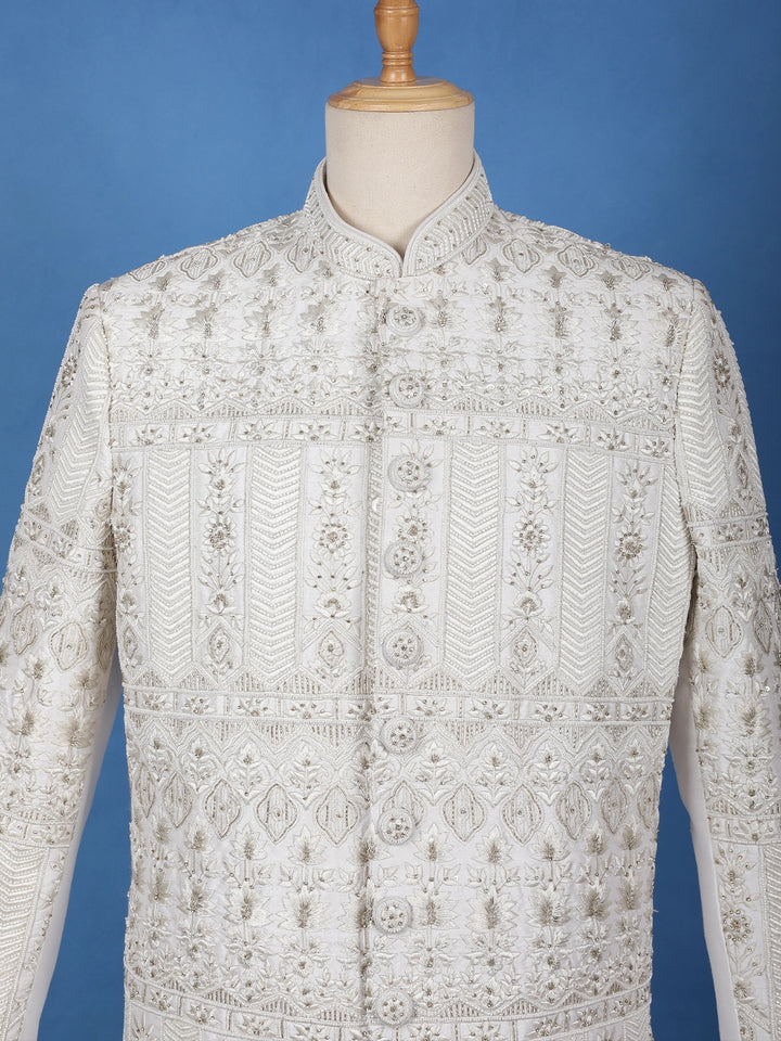 Ivory Floral Designed Cotton Sherwani Suit - Diadem