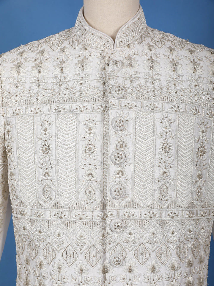 Ivory Floral Designed Cotton Sherwani Suit - Diadem