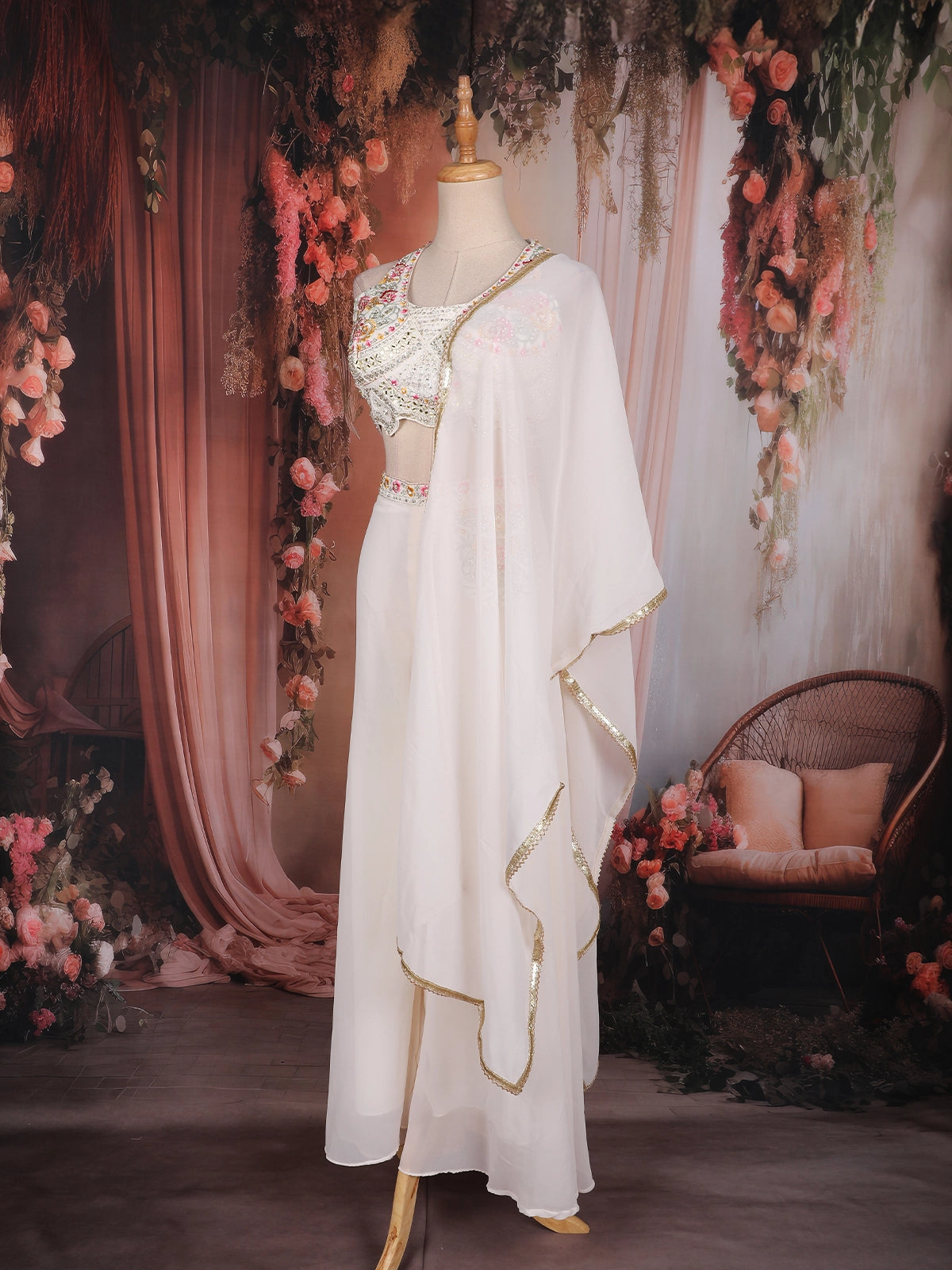 Floral Indo Western Dress With Palazzo Ivory Floral Embellished Design Georgette Indo Western Palazzo Floral Indo Western Dress With Palazzo Ivory Floral Embellished Design Georgette Indo Western Palazzo