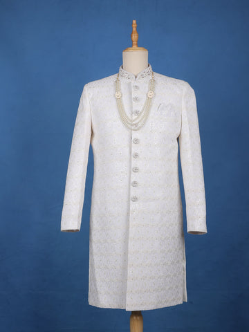 Ivory Floral Embroidered Cotton Sherwani Suit - Diadem