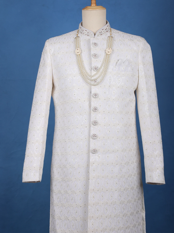 Ivory Floral Embroidered Cotton Sherwani Suit - Diadem