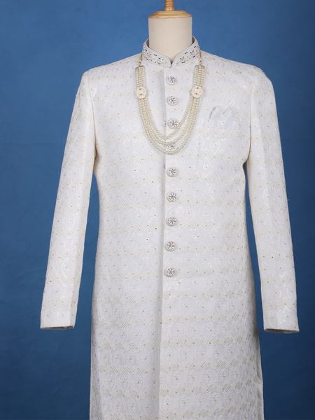 Ivory Floral Embroidered Cotton Sherwani Suit - Diadem