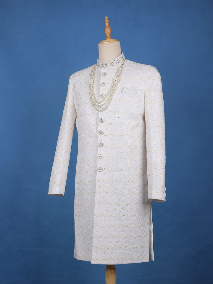 Ivory Floral Embroidered Cotton Sherwani Suit - Diadem