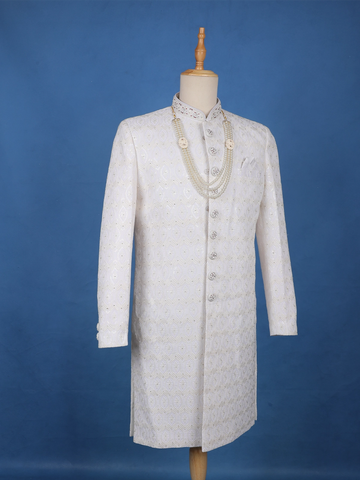 Ivory Floral Embroidered Cotton Sherwani Suit - Diadem