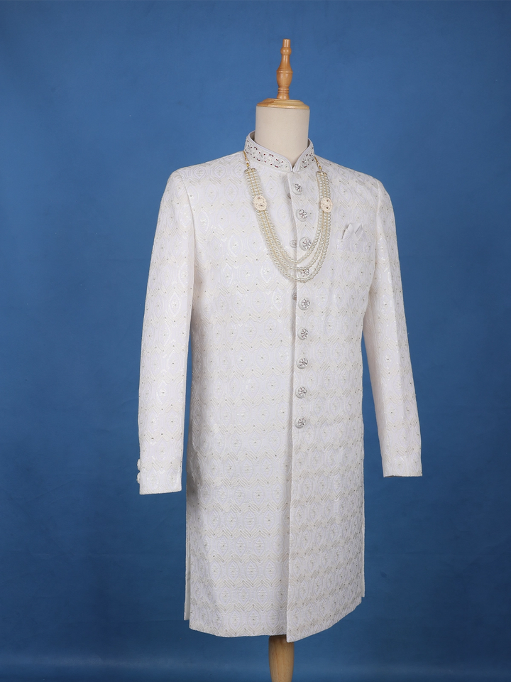 Ivory Floral Embroidered Cotton Sherwani Suit - Diadem