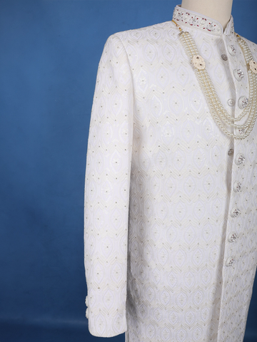 Ivory Floral Embroidered Cotton Sherwani Suit - Diadem