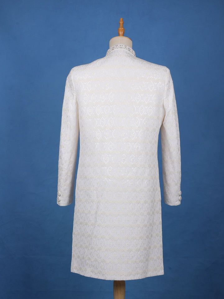 Ivory Floral Embroidered Cotton Sherwani Suit - Diadem