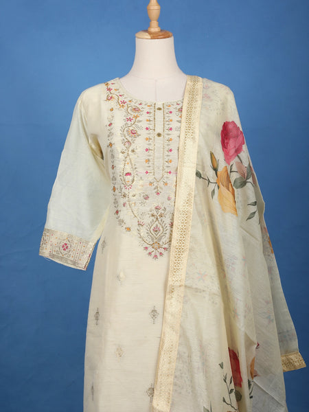 Ivory Floral Printed Silk Salwar Suit - Diadem