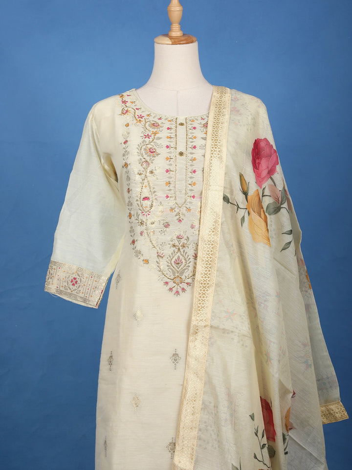 Ivory Floral Printed Silk Salwar Suit - Diadem
