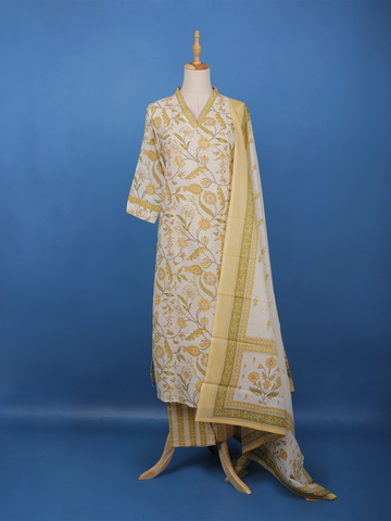 Ivory Floral Printed Cotton Salwar Suit - Diadem