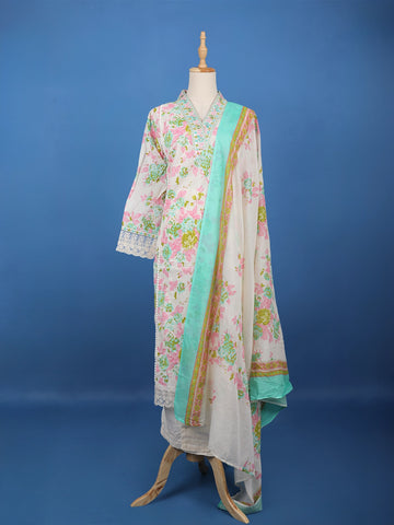 Ivory Floral Printed Cotton Salwar Suit - Diadem