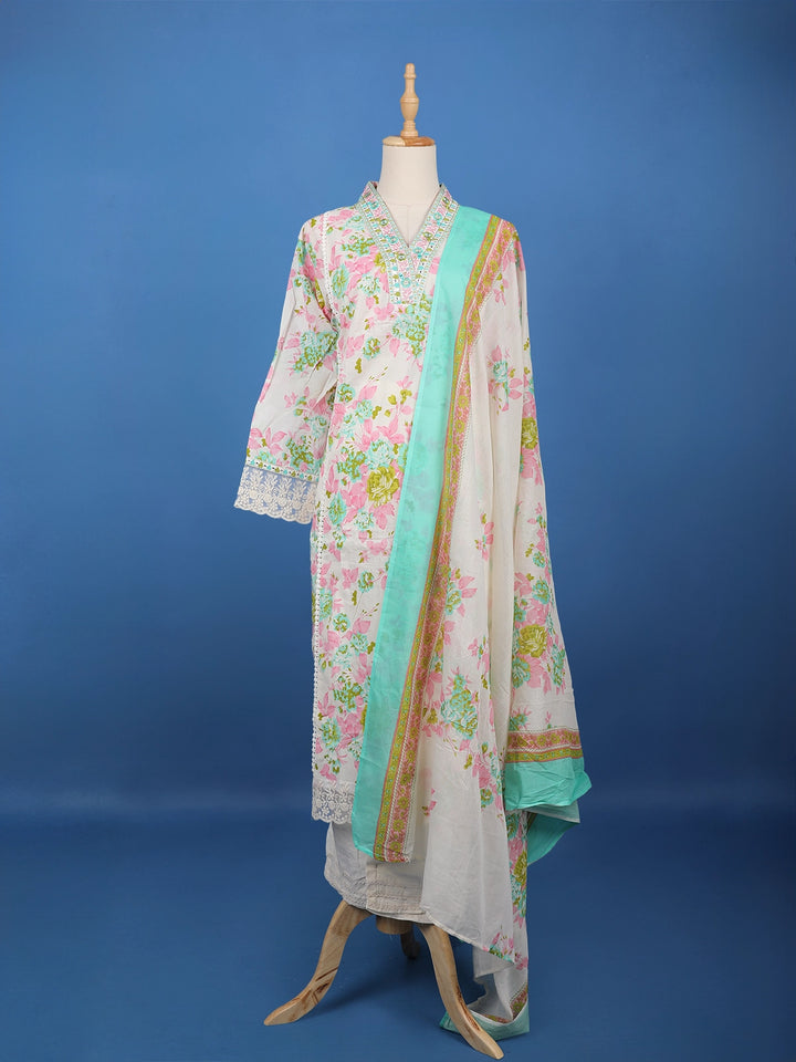 Ivory Floral Printed Cotton Salwar Suit - Diadem