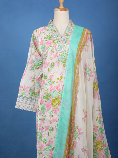 Ivory Floral Printed Cotton Salwar Suit - Diadem
