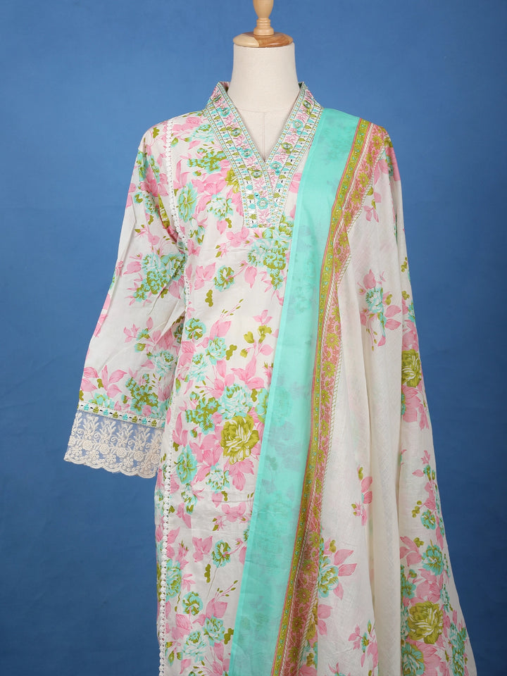 Ivory Floral Printed Cotton Salwar Suit - Diadem