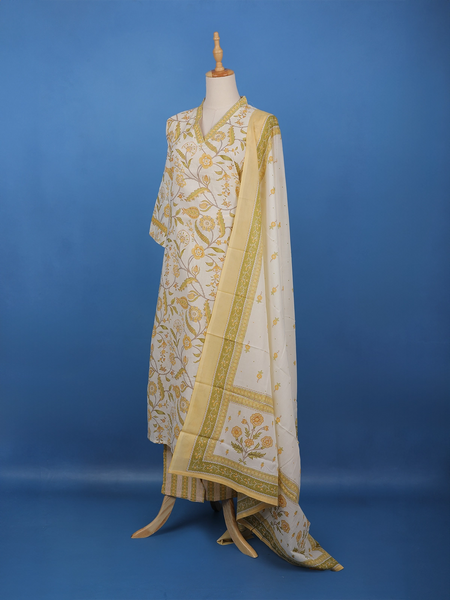 Ivory Floral Printed Cotton Salwar Suit - Diadem