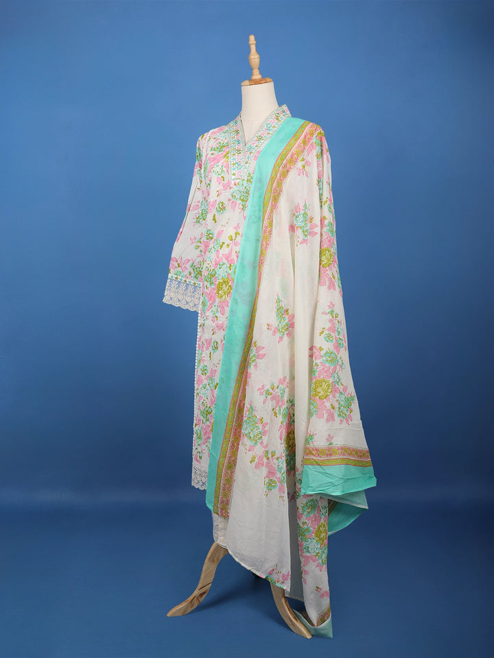 Ivory Floral Printed Cotton Salwar Suit - Diadem