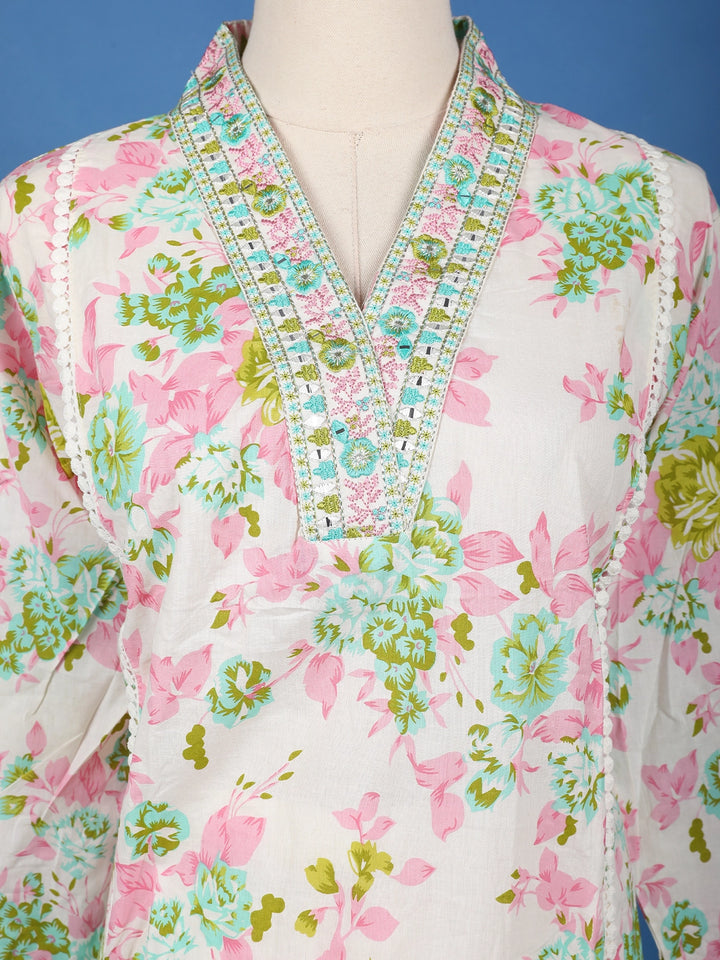 Ivory Floral Printed Cotton Salwar Suit - Diadem