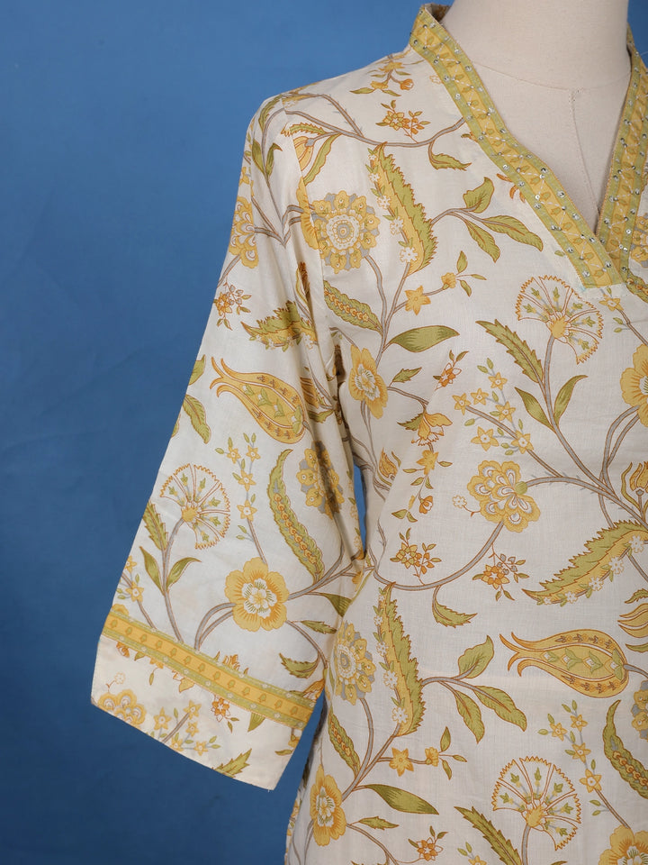 Ivory Floral Printed Cotton Salwar Suit - Diadem