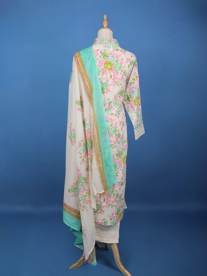 Ivory Floral Printed Cotton Salwar Suit - Diadem