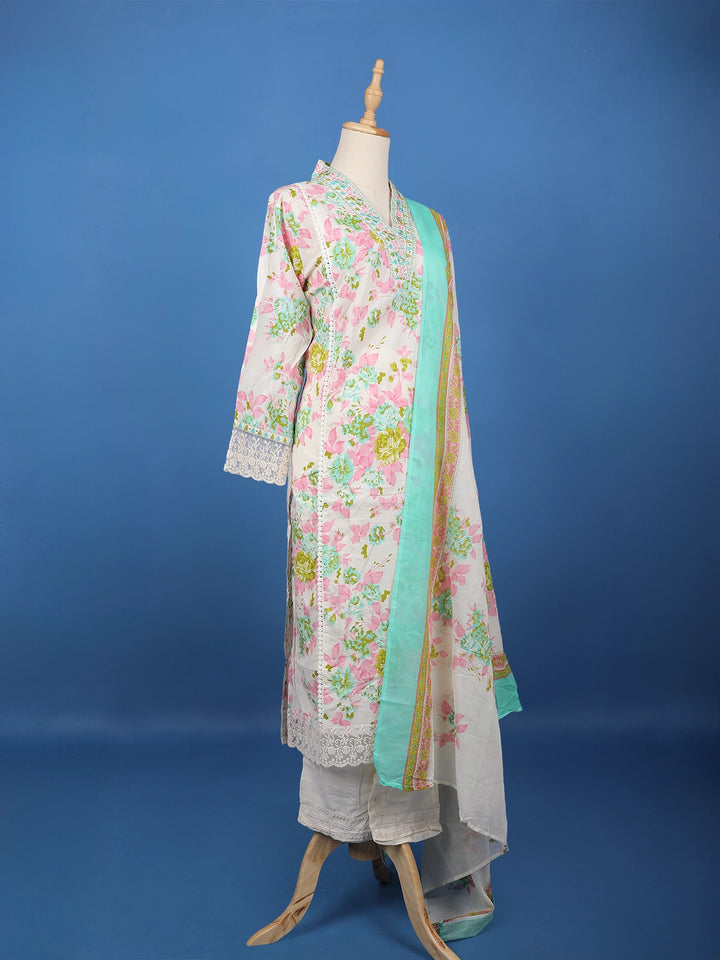 Ivory Floral Printed Cotton Salwar Suit - Diadem
