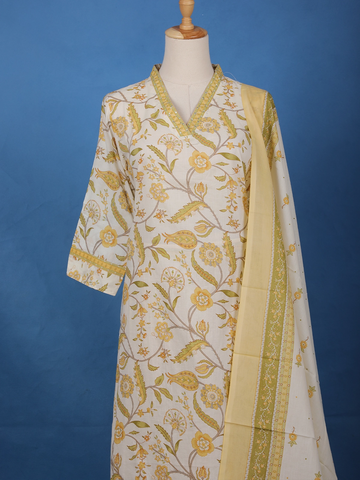 Ivory Floral Printed Cotton Salwar Suit - Diadem