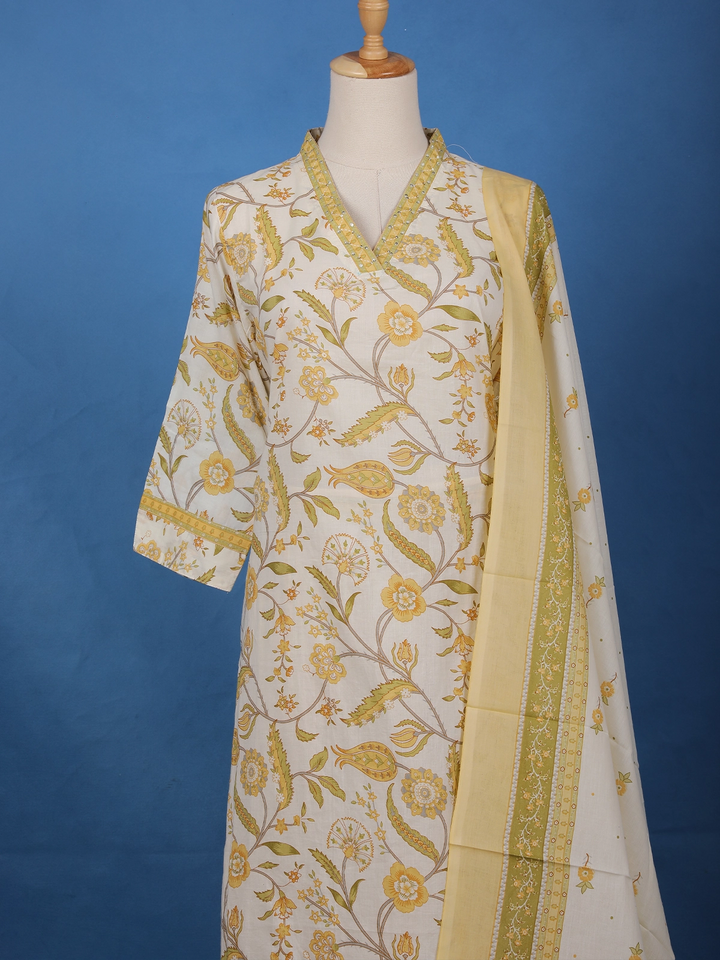 Ivory Floral Printed Cotton Salwar Suit - Diadem