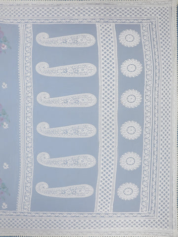 Ivory Floral Printed Synthetic Saree With Thread Embroidered Border - Diadem