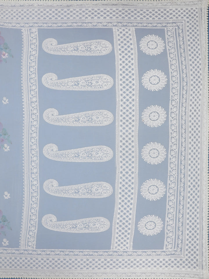 Ivory Floral Printed Synthetic Saree With Thread Embroidered Border - Diadem