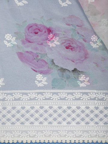 Ivory Floral Printed Synthetic Saree With Thread Embroidered Border - Diadem