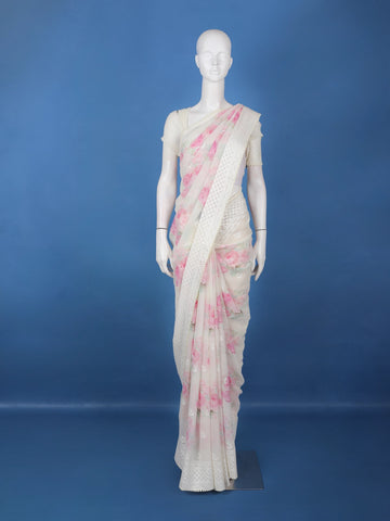 Ivory Floral Printed Synthetic Saree With Thread Embroidered Border - Diadem