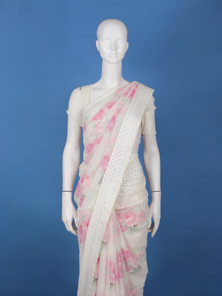 Ivory Floral Printed Synthetic Saree With Thread Embroidered Border - Diadem