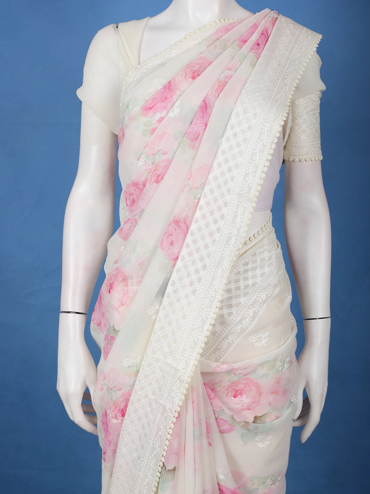 Ivory Floral Printed Synthetic Saree With Thread Embroidered Border - Diadem