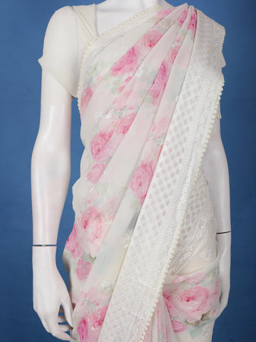 Ivory Floral Printed Synthetic Saree With Thread Embroidered Border - Diadem