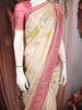 Ivory Floral and Leaf Woven Banarasi Silk Saree with Contrast Pink Zari Border