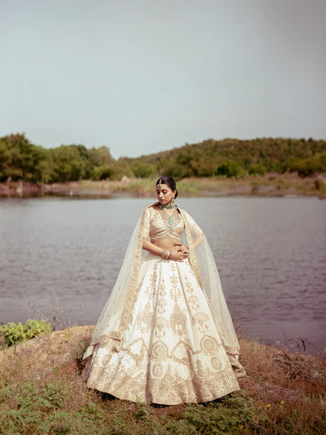 Ivory Gold Zari Embroidered Bridal Silk Lehenga Set - Diadem