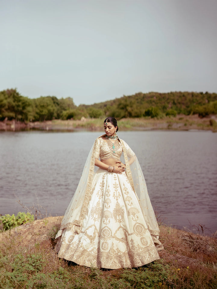 Ivory Gold Zari Embroidered Bridal Silk Lehenga Set - Diadem