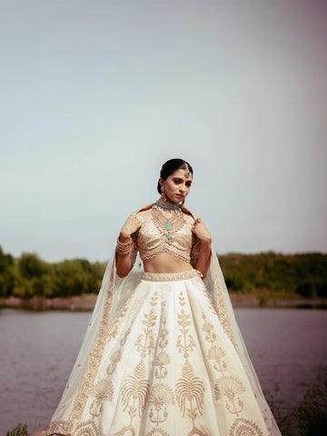 Ivory Gold Zari Embroidered Bridal Silk Lehenga Set - Diadem