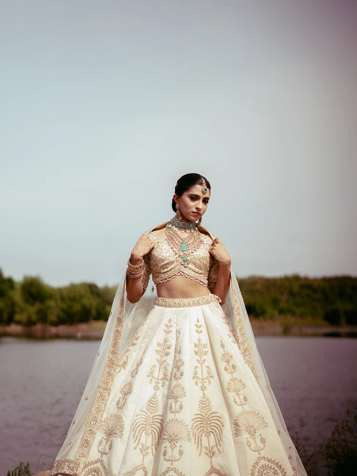 Ivory Gold Zari Embroidered Bridal Silk Lehenga Set - Diadem