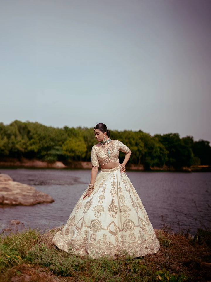 Ivory Gold Zari Embroidered Bridal Silk Lehenga Set - Diadem